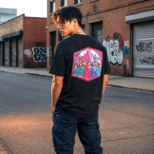 laiamarita-pollo-molon-mural-arte-urbano-marca-edicion-limitada-camiseta-unisex-negra-modelo-hombre-espalda