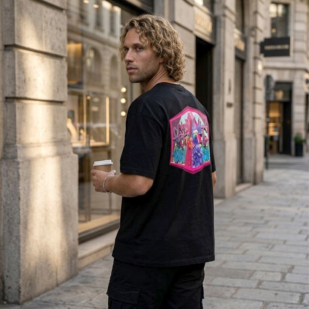 laiamarita-pollo-molon-mural-arte-urbano-marca-edicion-limitada-camiseta-unisex-negra-modelo-hombre